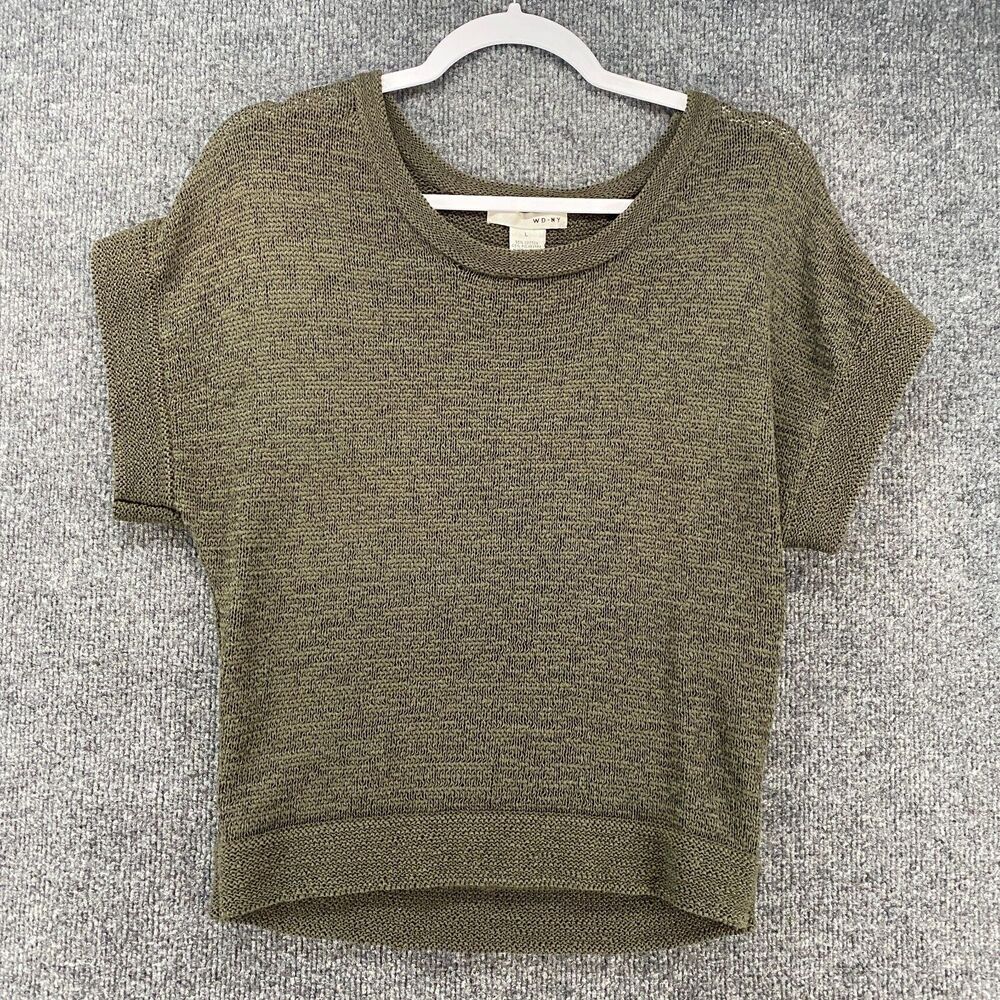 WD NY Sweater Womens L Green Crochet Cropped Forest Boho Minimalist Neutral